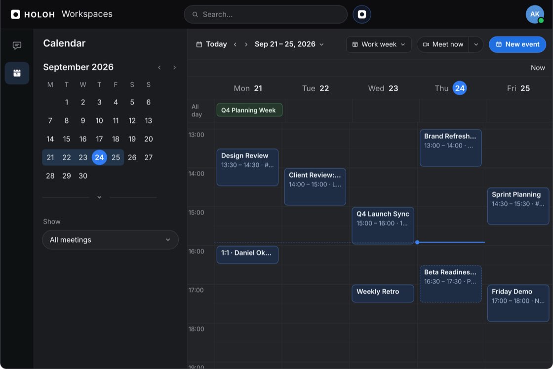 The HOLOH Workspaces calendar in a work-week view for September 21 to 25, with a month picker in the sidebar and meetings such as Design Review, Q4 Launch Sync and Friday Demo laid out by day and hour.